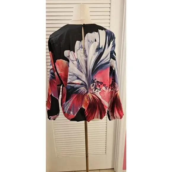 Chicos Size 0 US 4 BOLD Floral Bubble‎ Hem Top Lined Satin Balloon Sleeve Small - Picture 3 of 4